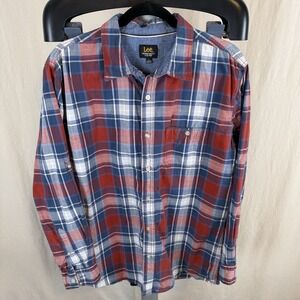 Lee Men's Large Red, White And Blue Plaid Long Sleeve Cotton Button Up USA250
